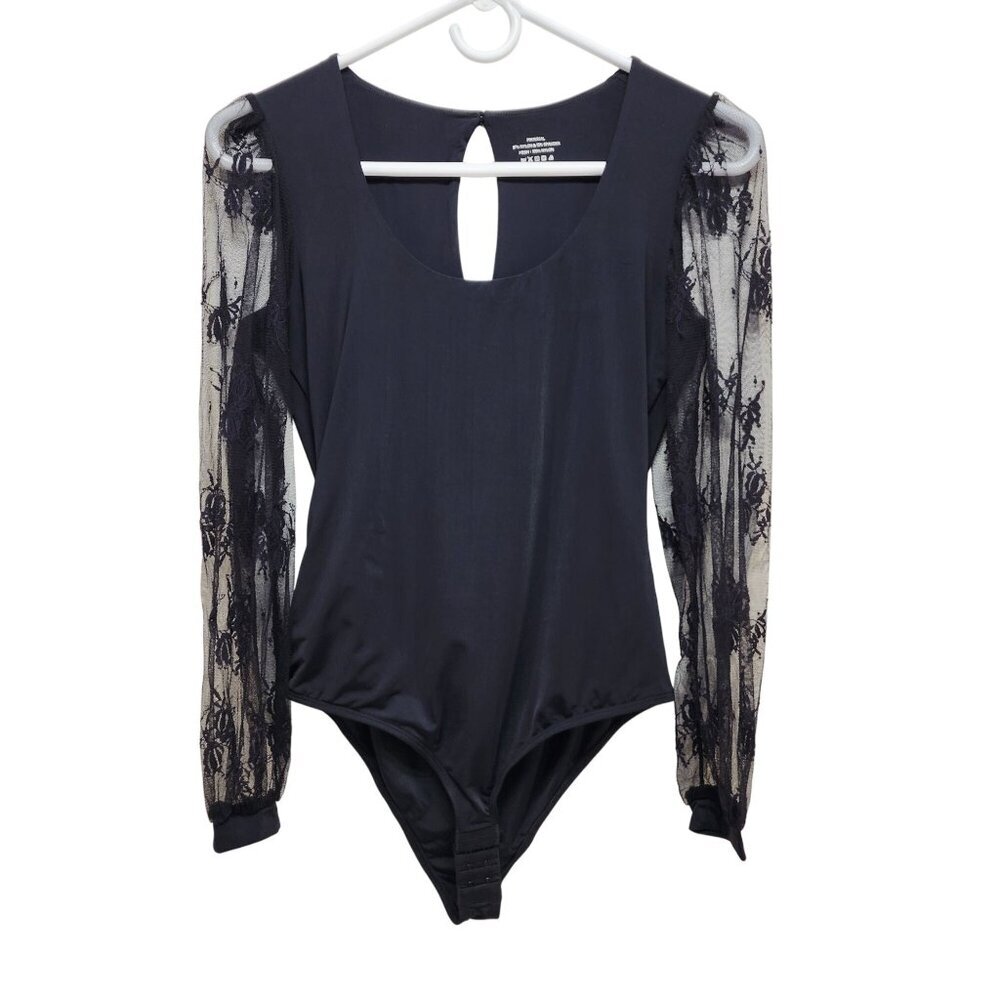Black Lace Sleeve Bodysuit With Mesh Details & Snap Closure Size S